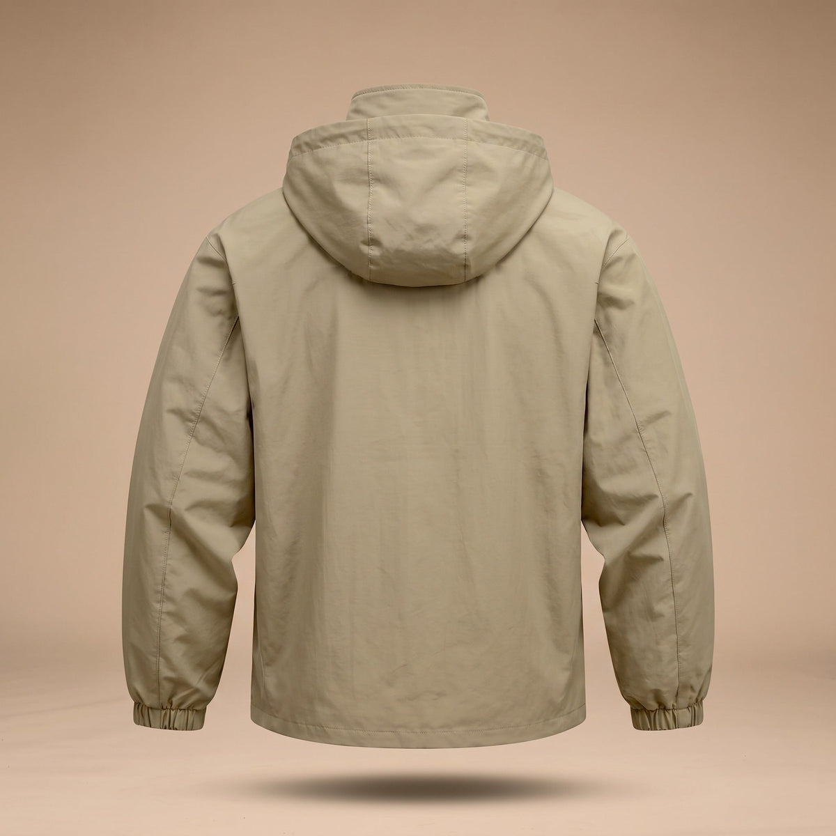 Beige hooded jacket with elastic cuffs, shown back view on mannequin | Chaps London