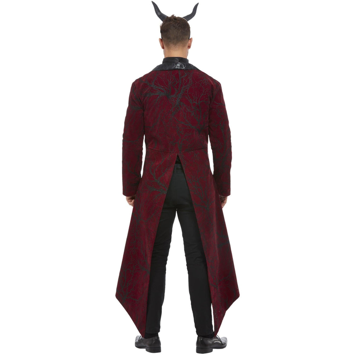 Man wearing burgundy tailcoat with devil horns headband, back view | Chaps London