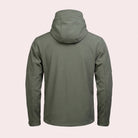 Olive green hooded softshell jacket, back view, worn by a person | Chaps London