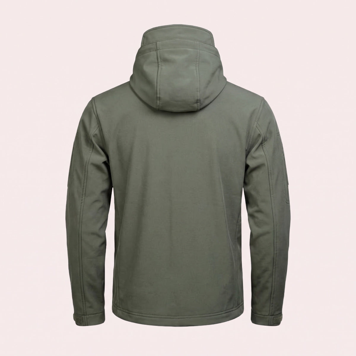 Olive green hooded softshell jacket, back view, worn by a person | Chaps London