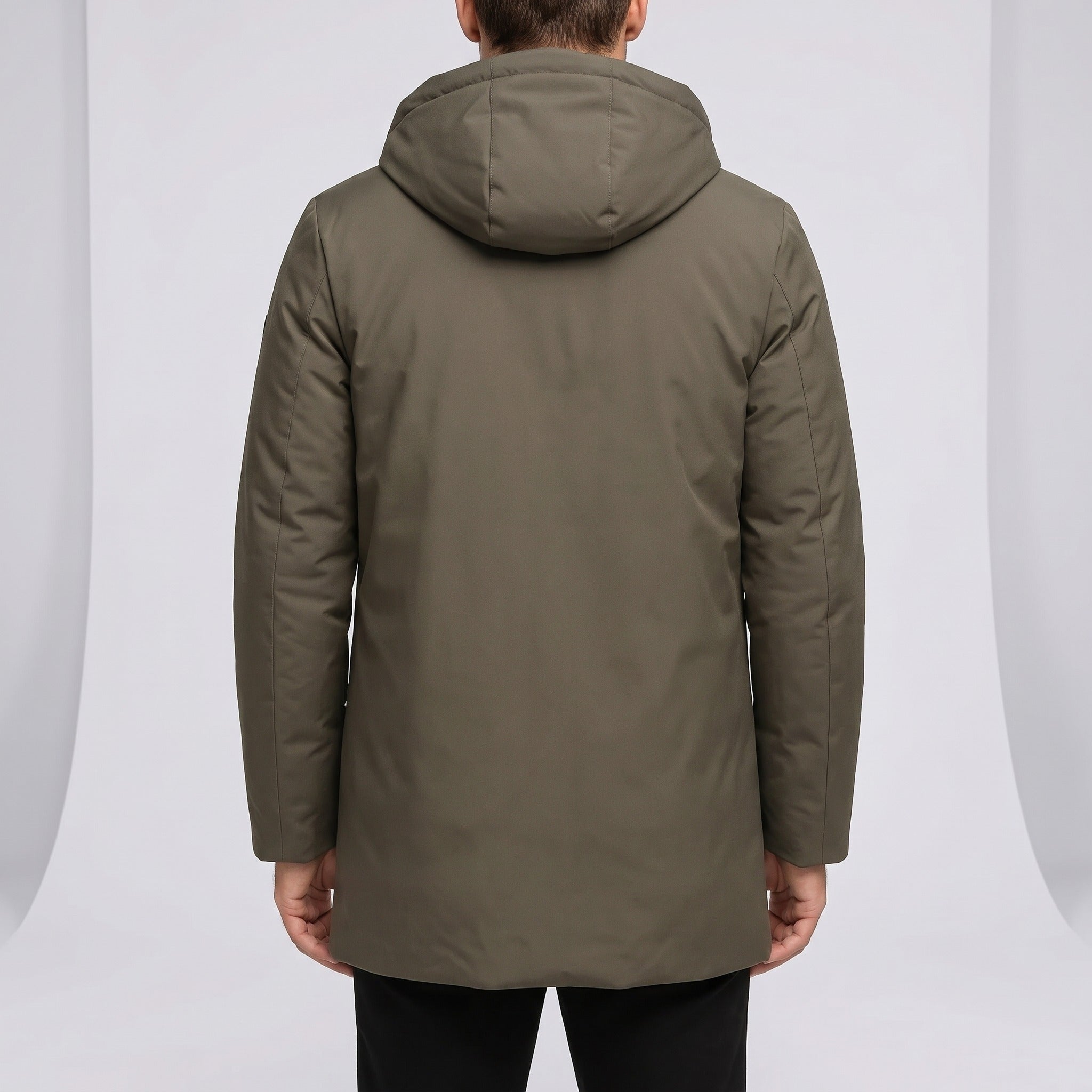 Olive green hooded coat with drawstring waist, worn by man, back view | Chaps London