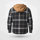 Back view of gray plaid flannel shirt jacket with tan hood, worn by person | Chaps London