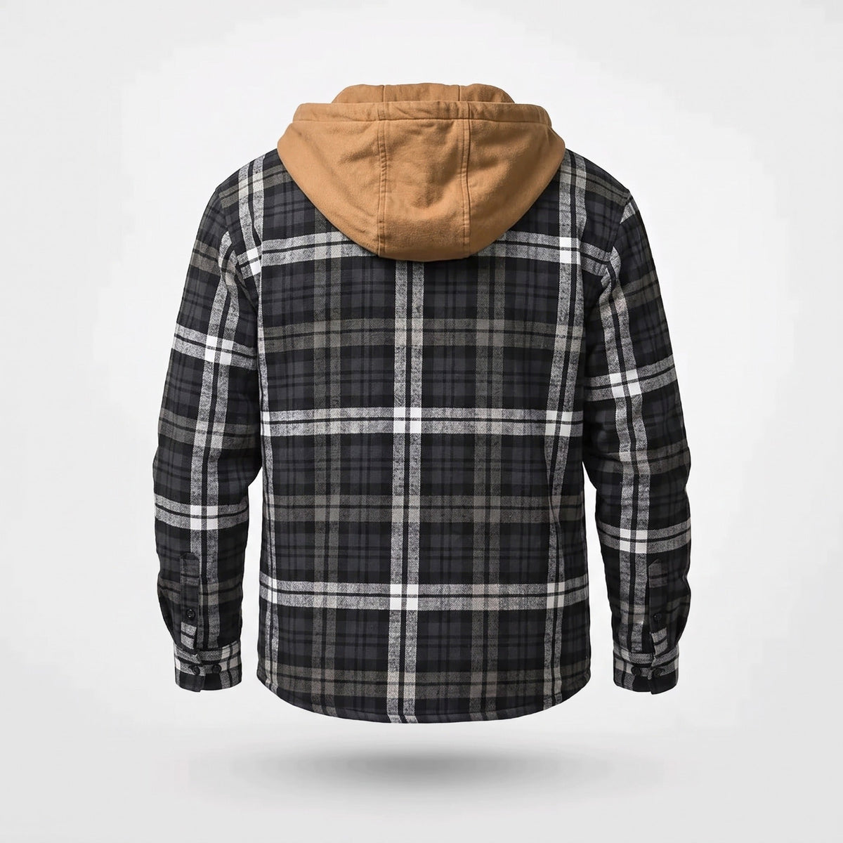 Back view of gray plaid flannel shirt jacket with tan hood, worn by person | Chaps London
