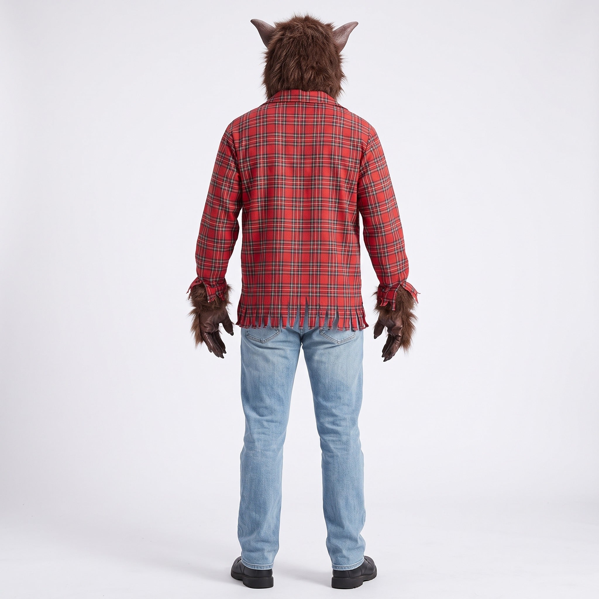 Man wearing red plaid shirt with werewolf mask and claw gloves | Chaps London