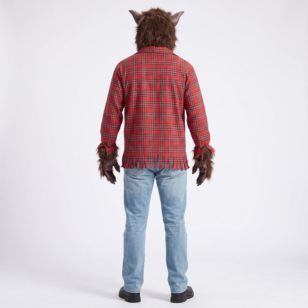 Man wearing red plaid shirt with werewolf mask and claw gloves | Chaps London