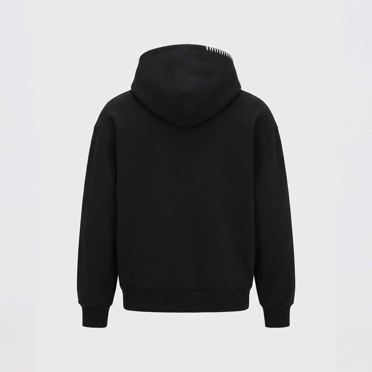 Black oversized hoodie, back view, striped hood trim detail, worn by model | Chaps London