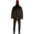 Man wearing black cape costume with red top hat, back view | Chaps London