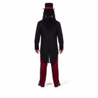 Man wearing black tailcoat, top hat, red striped trousers, rear view | Chaps London