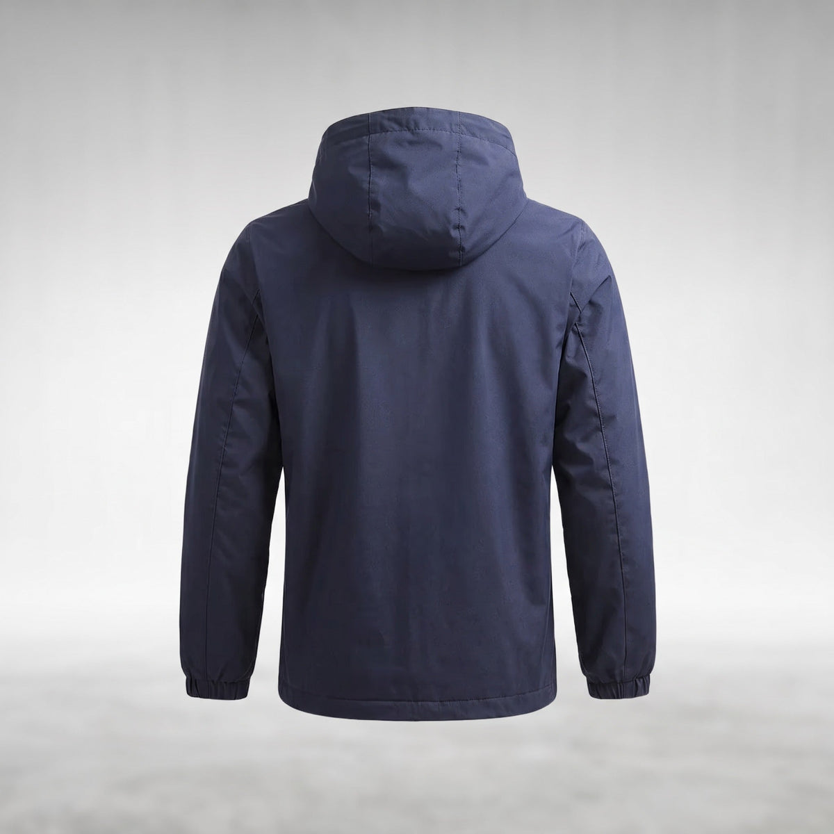 Navy blue hooded jacket shown from behind on mannequin | Chaps London