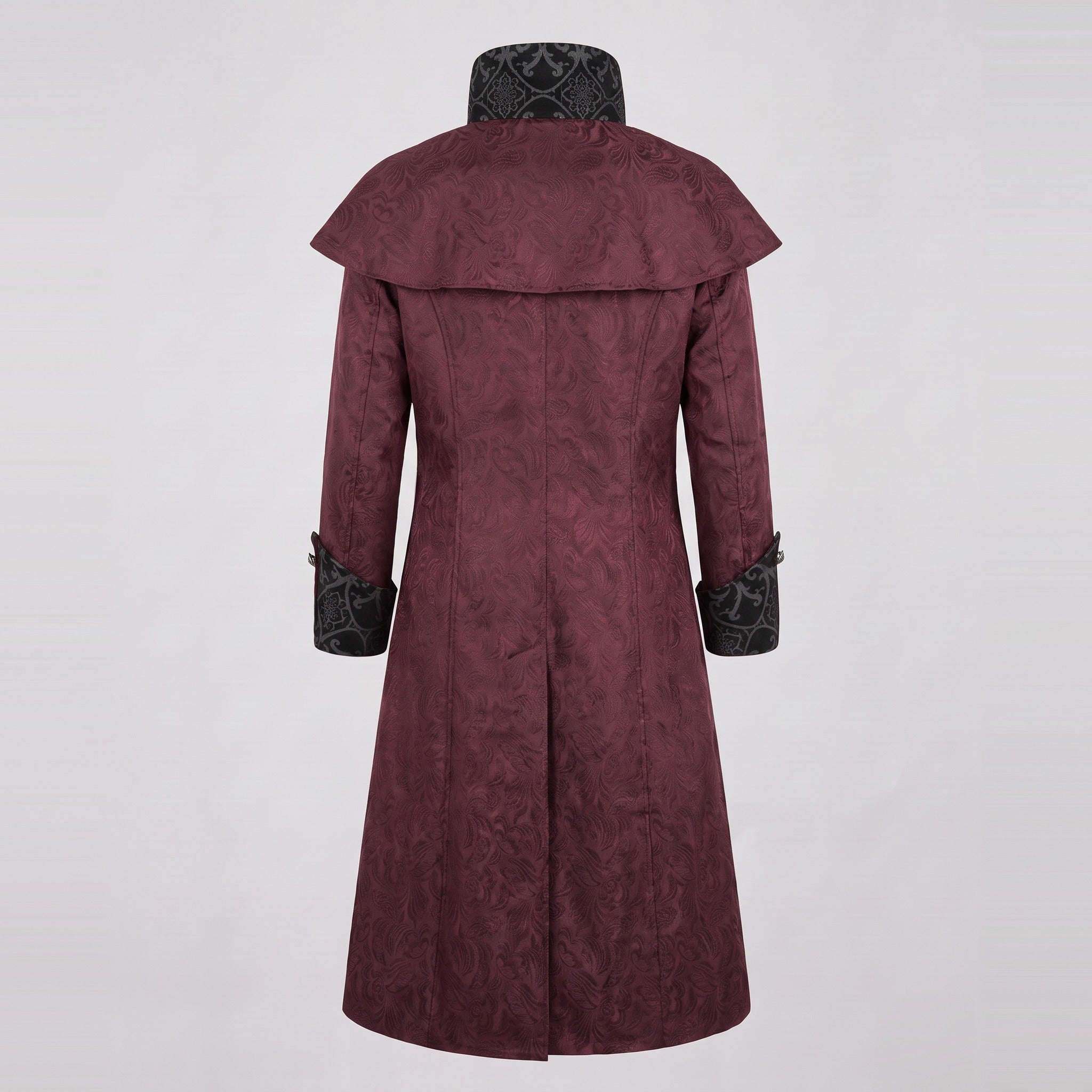 Burgundy long coat with jacquard collar and cuffs, shown on mannequin, back view | Chaps London