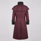 Burgundy long coat with jacquard collar and cuffs, shown on mannequin, back view | Chaps London