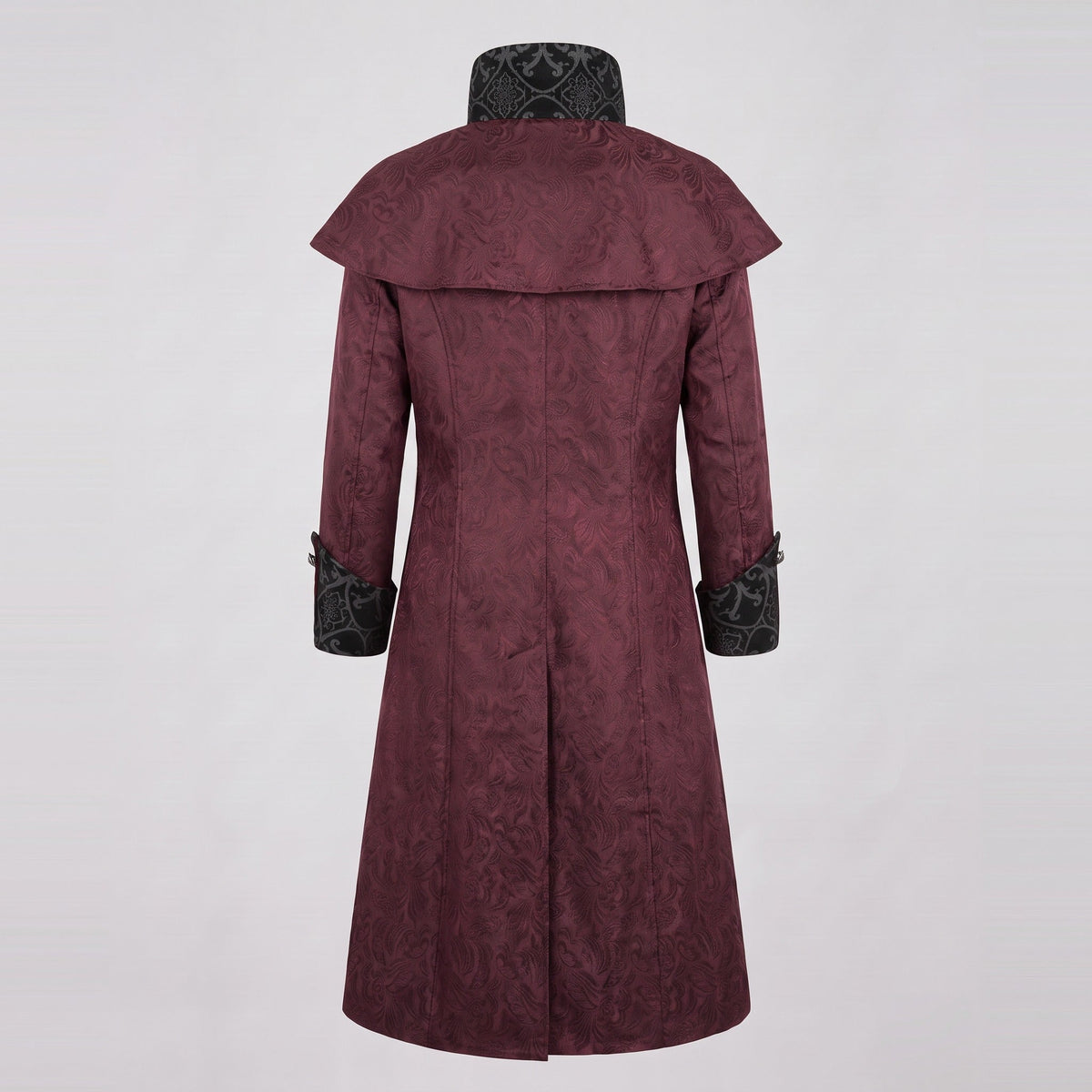 Burgundy long coat with jacquard collar and cuffs, shown on mannequin, back view | Chaps London
