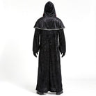 Black hooded gothic robe with shoulder cape, worn by person, rear view | Chaps London