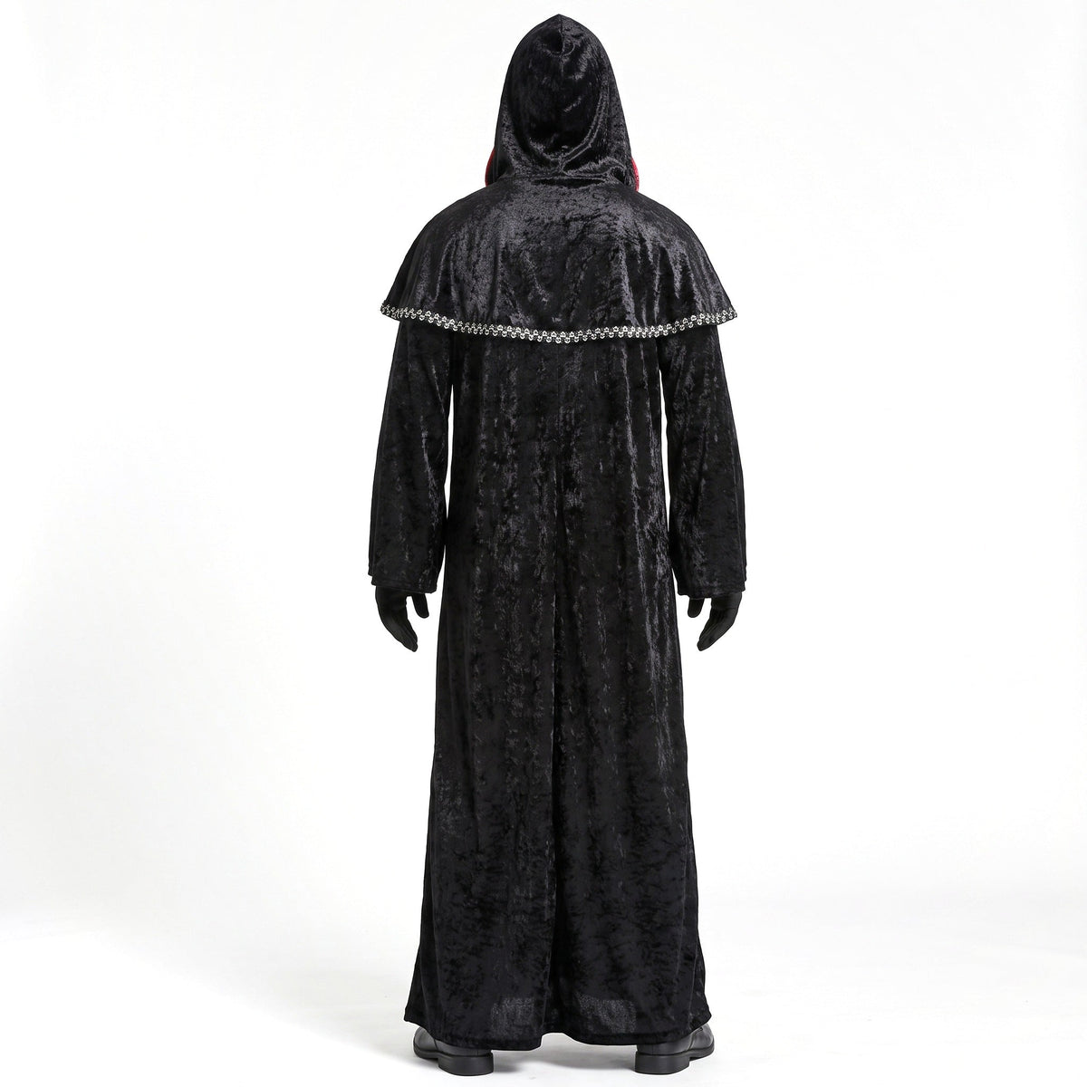 Black hooded gothic robe with shoulder cape, worn by person, rear view | Chaps London