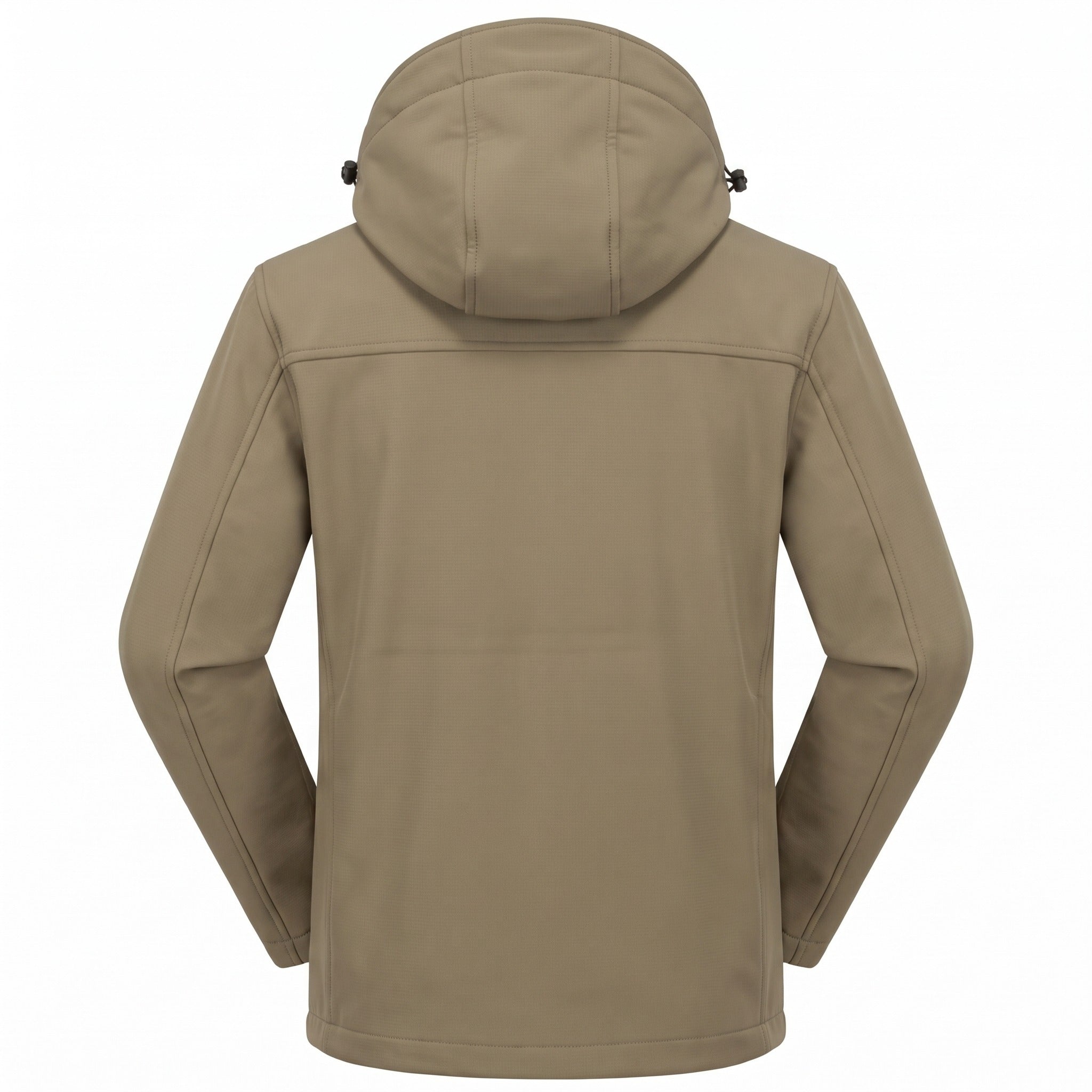 Back view of khaki hooded softshell jacket on mannequin | Chaps London