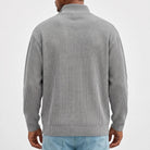 Man wearing gray ribbed knit half-zip jumper, back view, standing | Chaps London