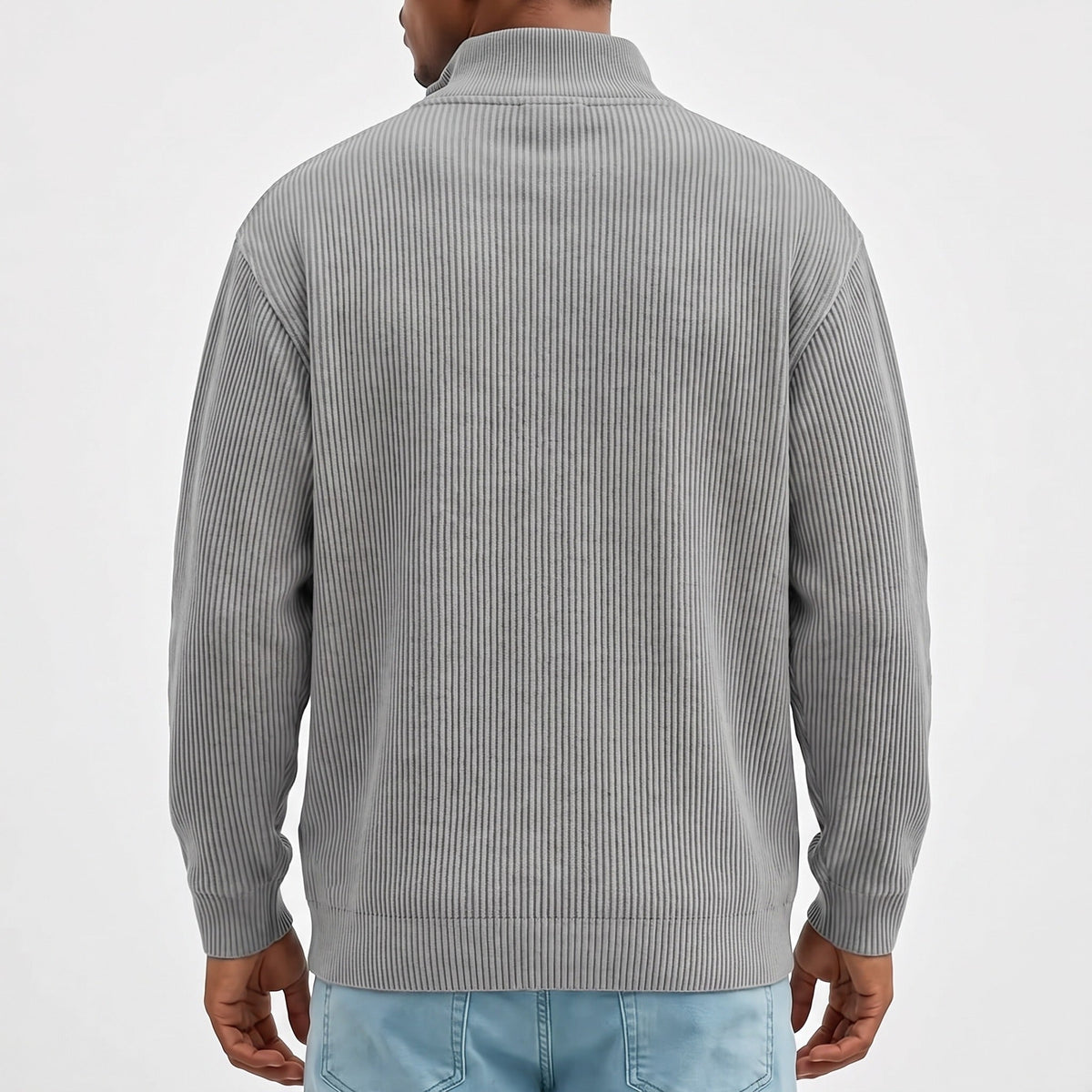 Man wearing gray ribbed knit half-zip jumper, back view, standing | Chaps London