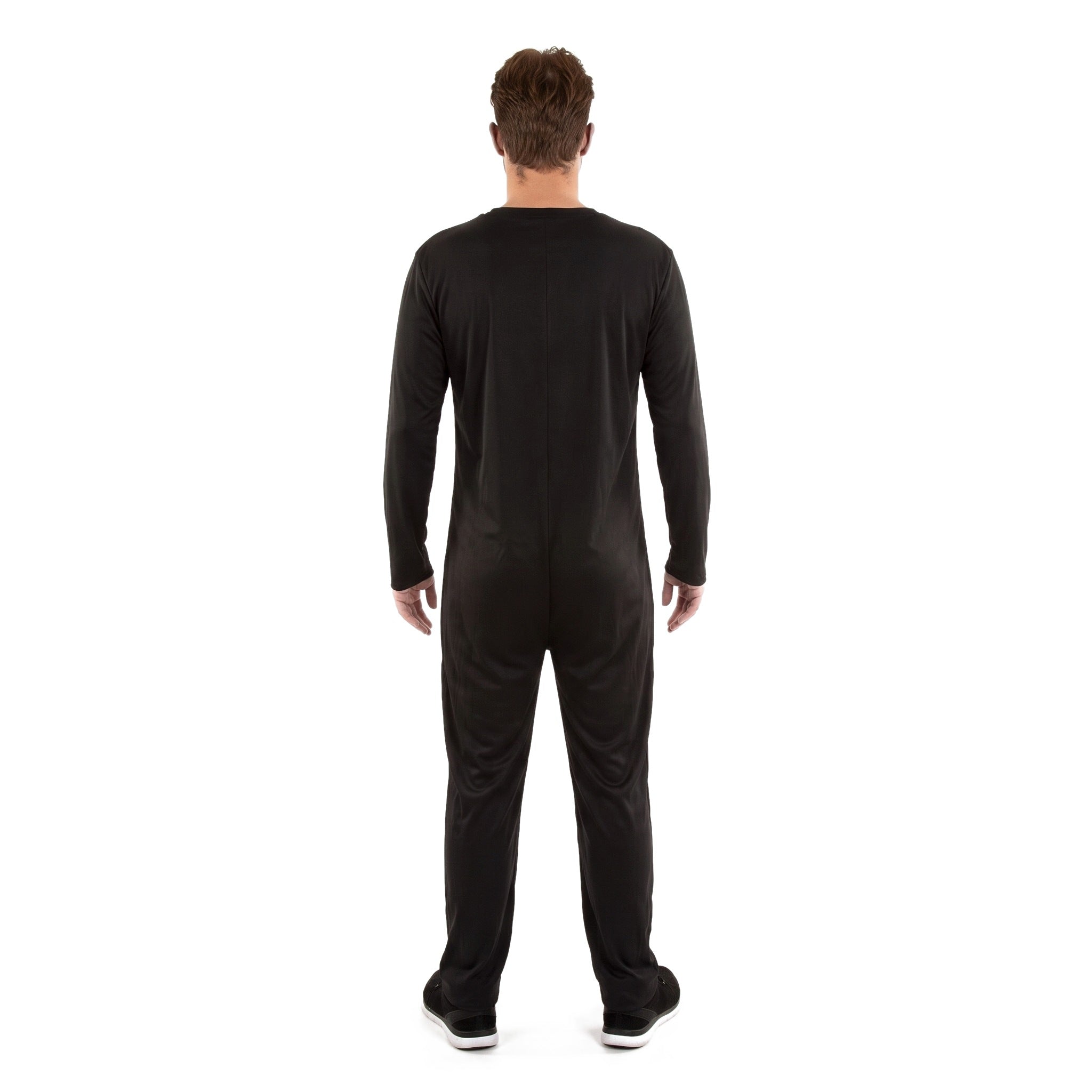 Man wearing black long sleeve jumpsuit, rear view, worn by person | Chaps London