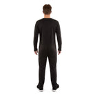 Man wearing black long sleeve jumpsuit, rear view, worn by person | Chaps London