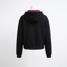 Black cropped zip hoodie with red plaid hood lining, mannequin back view | Chaps London