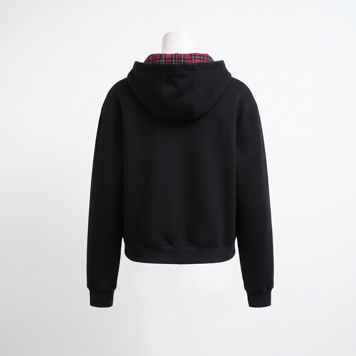 Black cropped zip hoodie with red plaid hood lining, mannequin back view | Chaps London