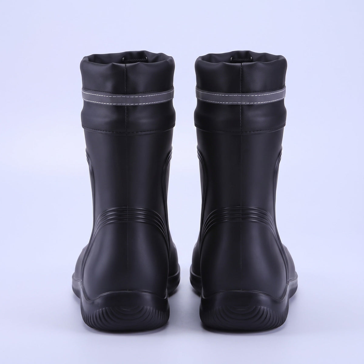 Black short wellies, rear view, reflective stripe detail, paired boots | Chaps London