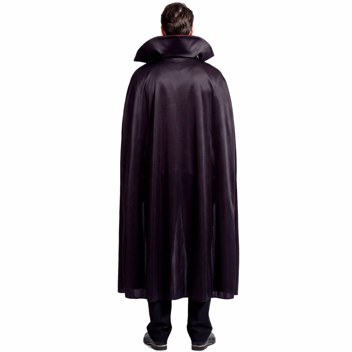 Man wearing long black vampire cape with high collar, back view | Chaps London