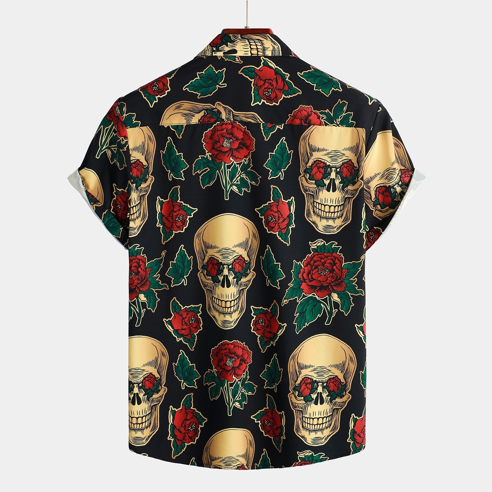 Black short-sleeve shirt with gold skulls and red roses, worn by person | Chaps London