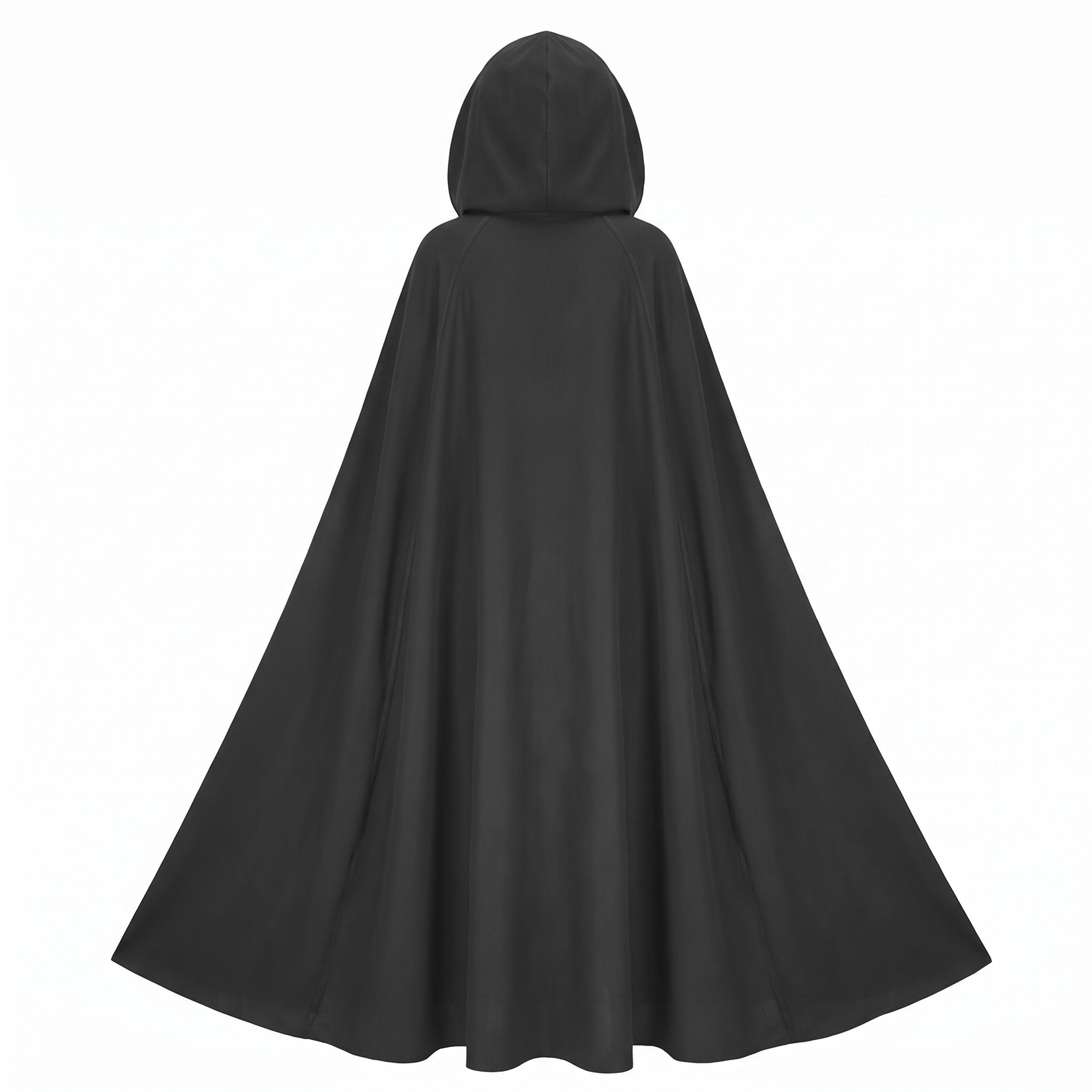 Black hooded floor-length cloak shown from behind on mannequin | Chaps London