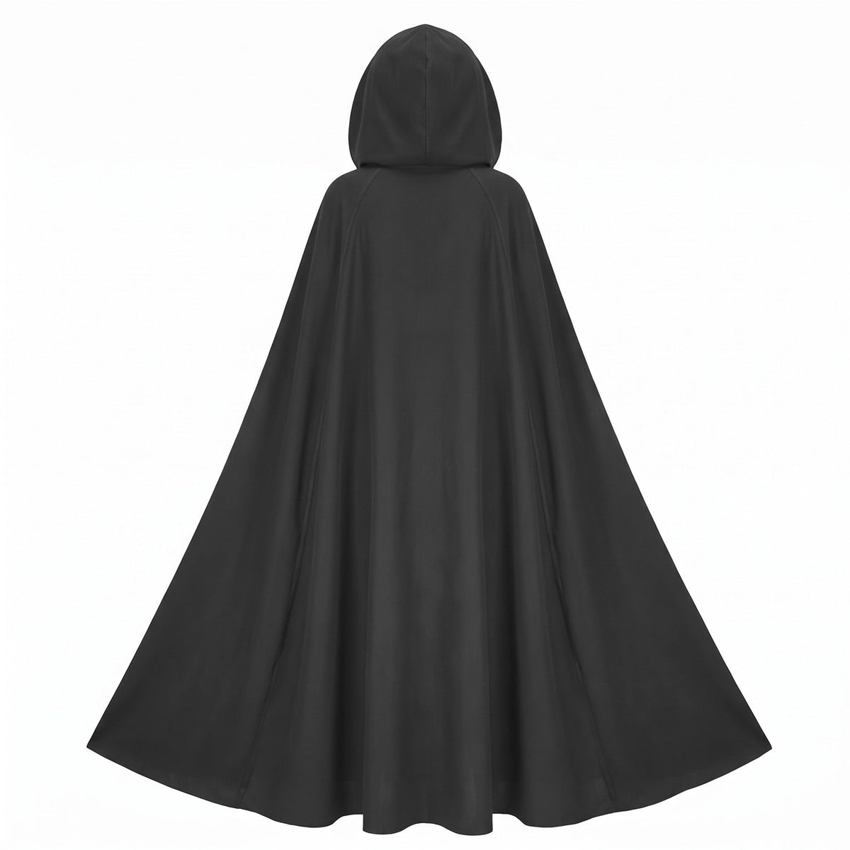 Black hooded floor-length cloak shown from behind on mannequin | Chaps London