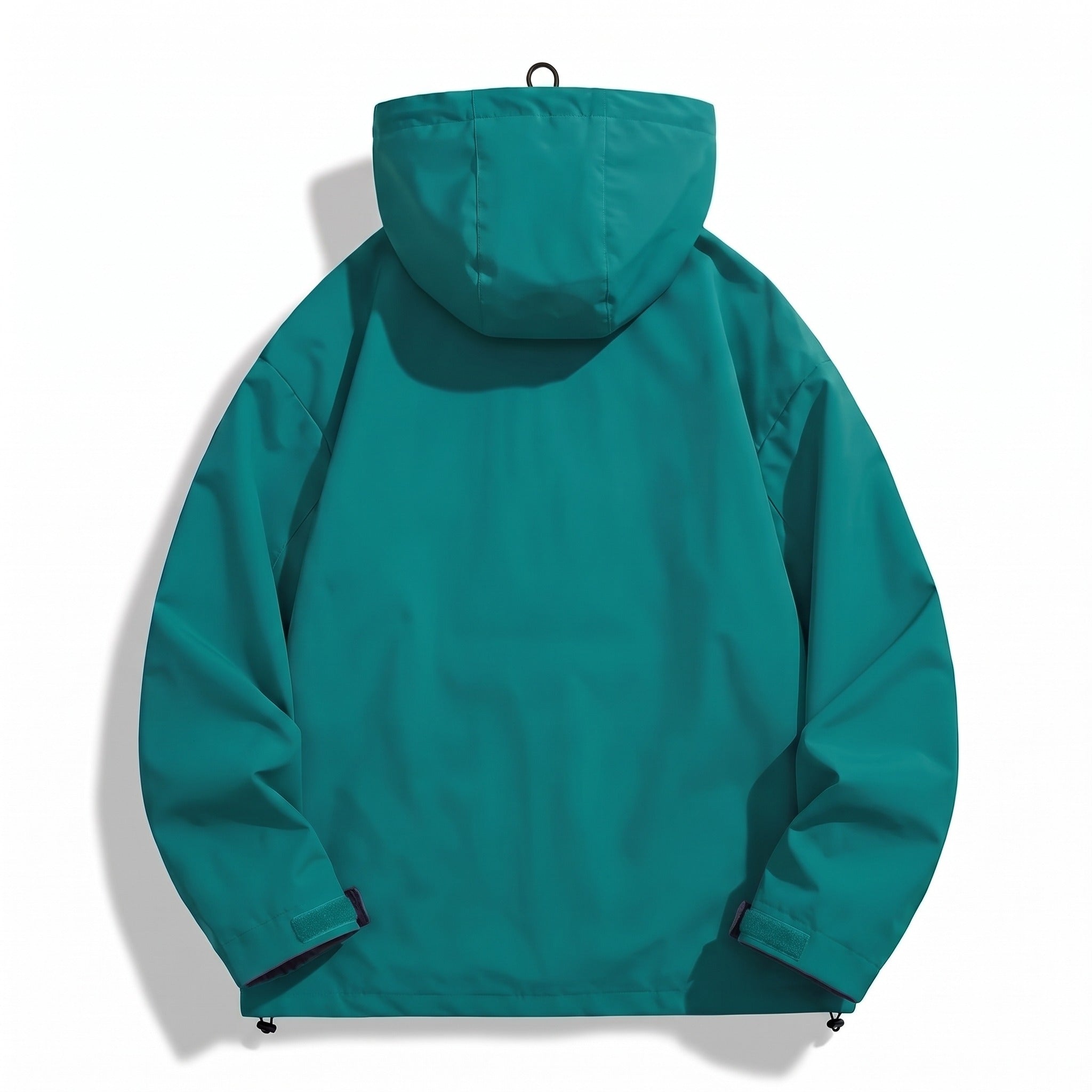 Teal hooded rain jacket shown flat, back view, drawstring hem | Chaps London