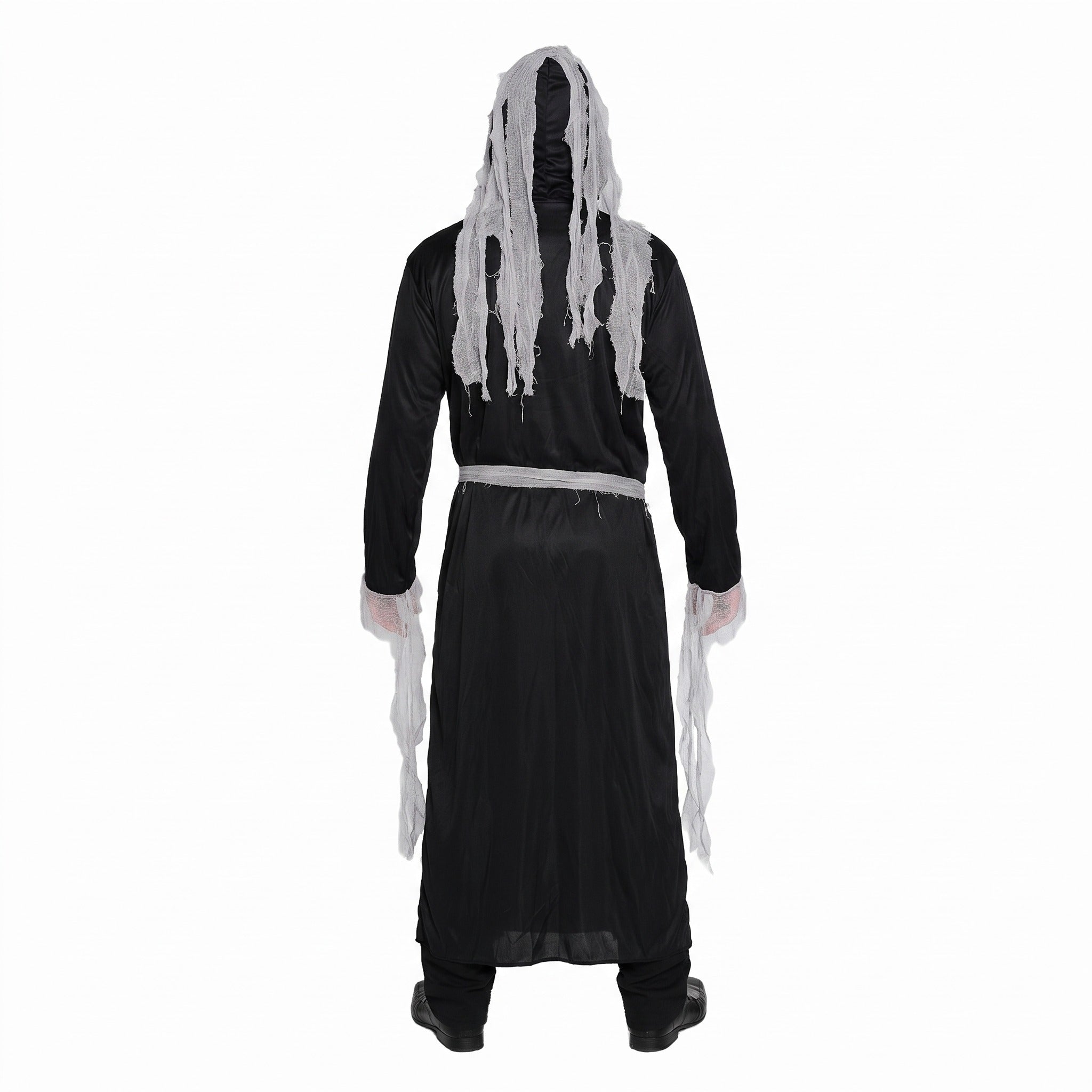 Black hooded robe with gray rag fringe worn by mannequin, rear view | Chaps London