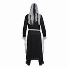 Black hooded robe with gray rag fringe worn by mannequin, rear view | Chaps London