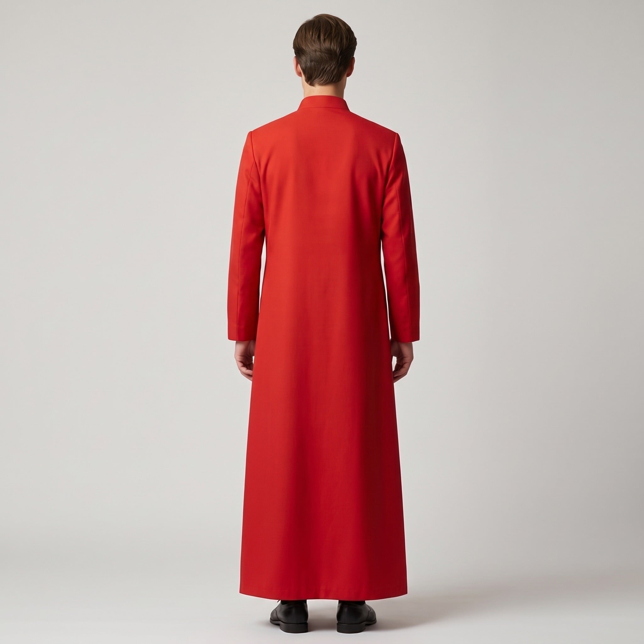 Man wearing red cassock with stand collar, rear view, full length | Chaps London