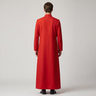 Man wearing red cassock with stand collar, rear view, full length | Chaps London