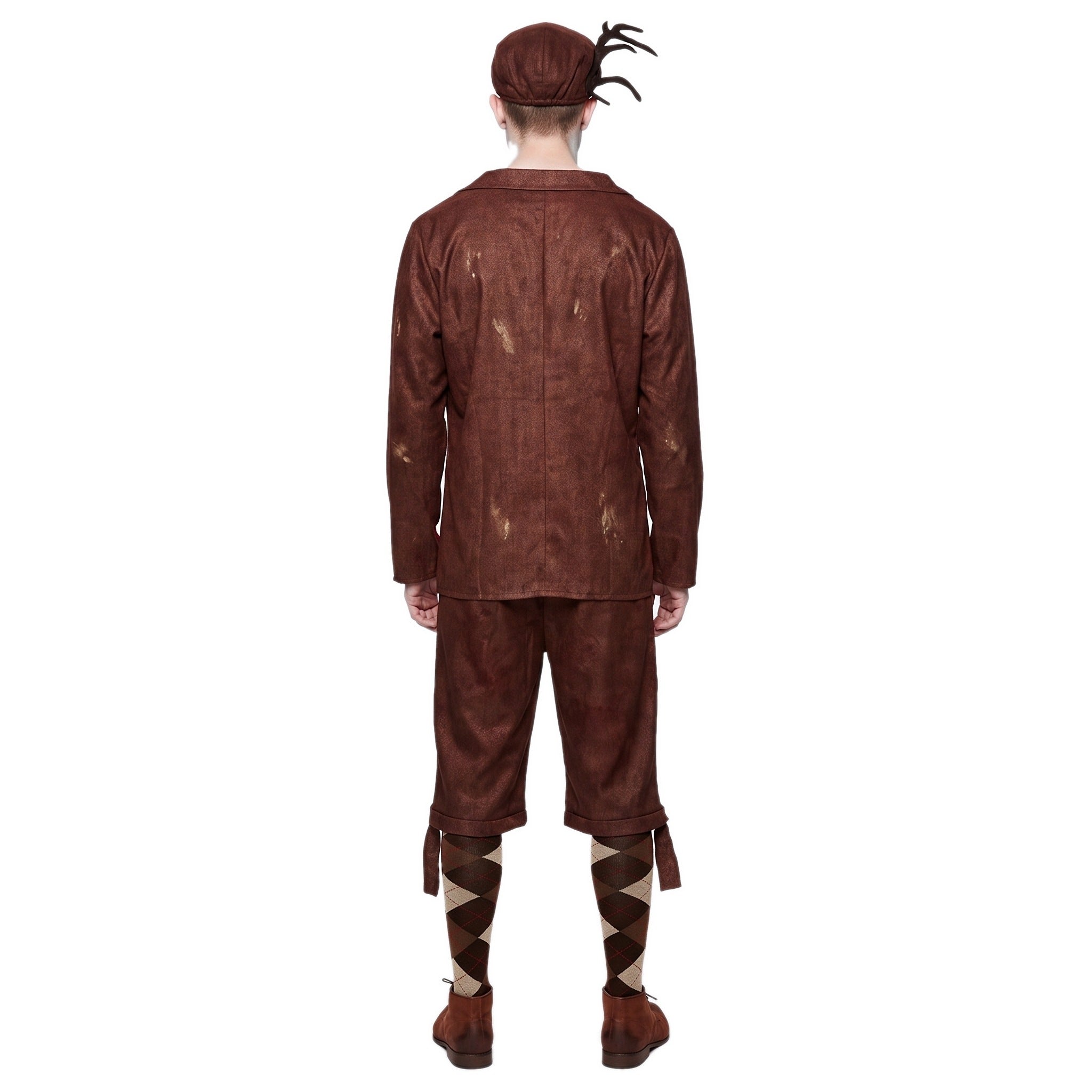 Man wearing brown distressed jacket, knickerbockers, and flat cap, back view | Chaps London