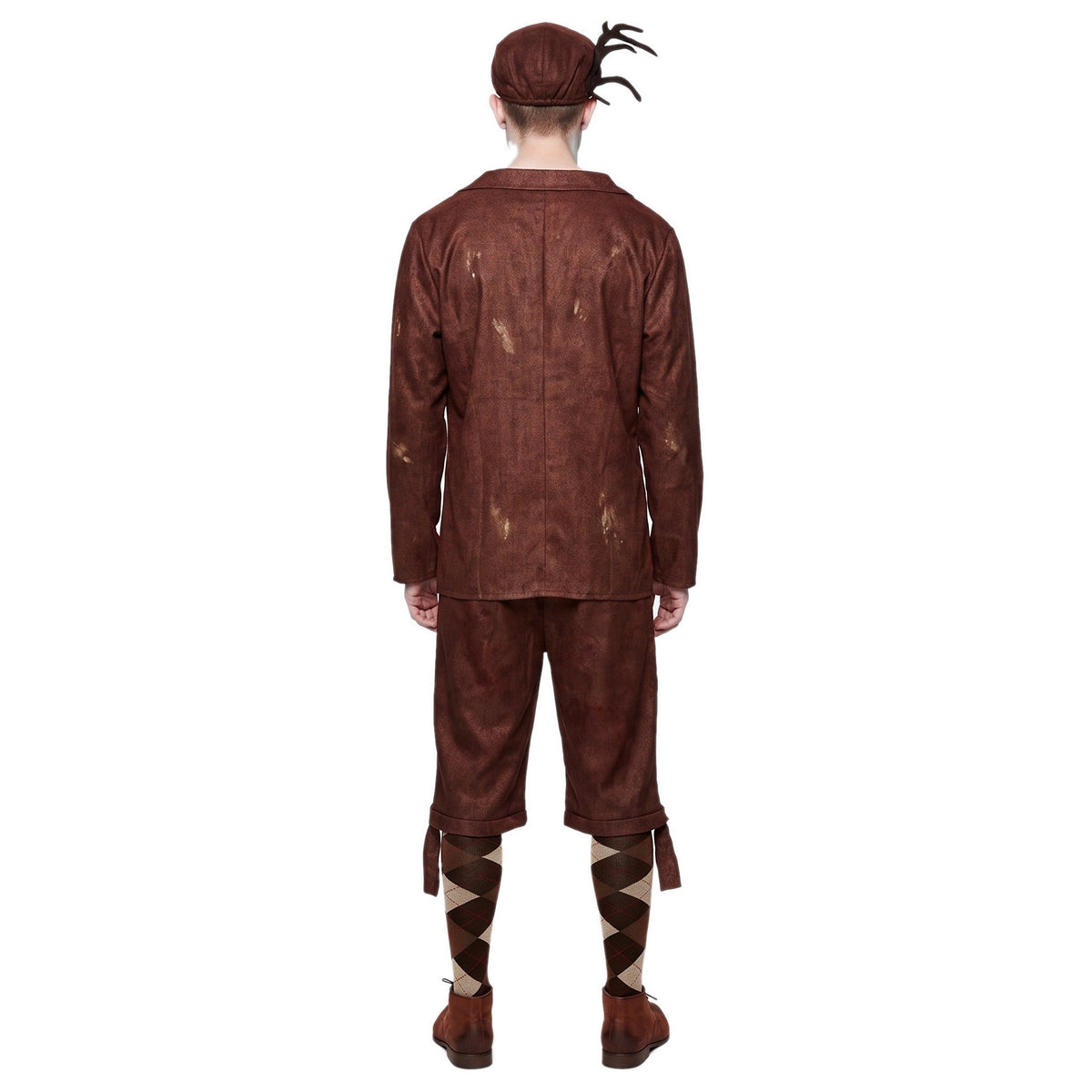Man wearing brown distressed jacket, knickerbockers, and flat cap, back view | Chaps London