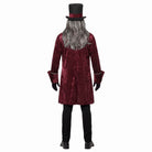Man wearing burgundy velvet coat with gray wig and black top hat | Chaps London