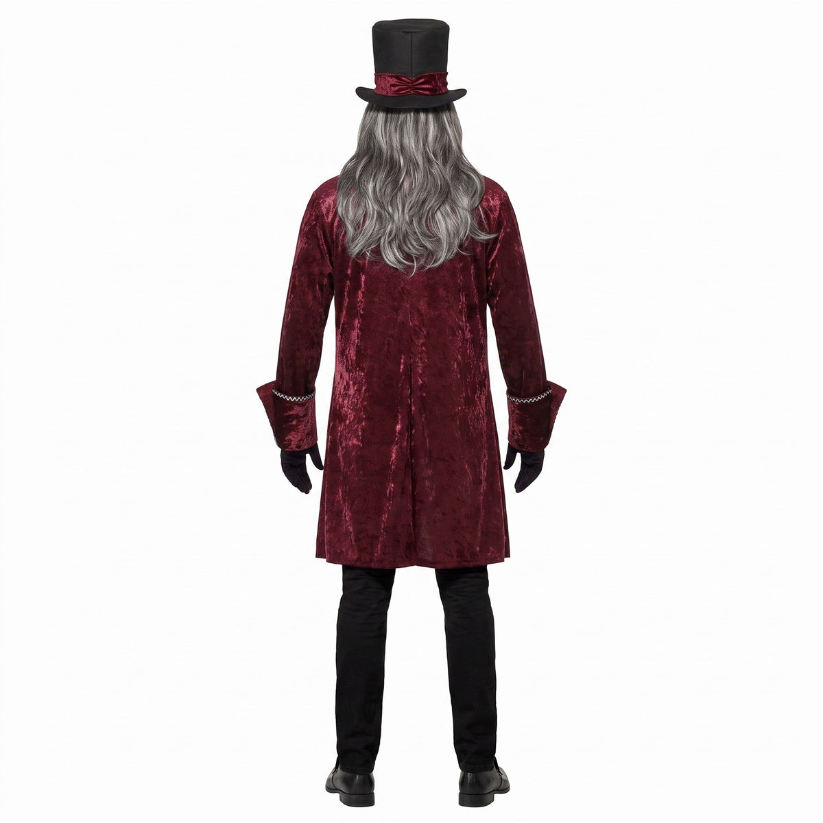 Man wearing burgundy velvet coat with gray wig and black top hat | Chaps London