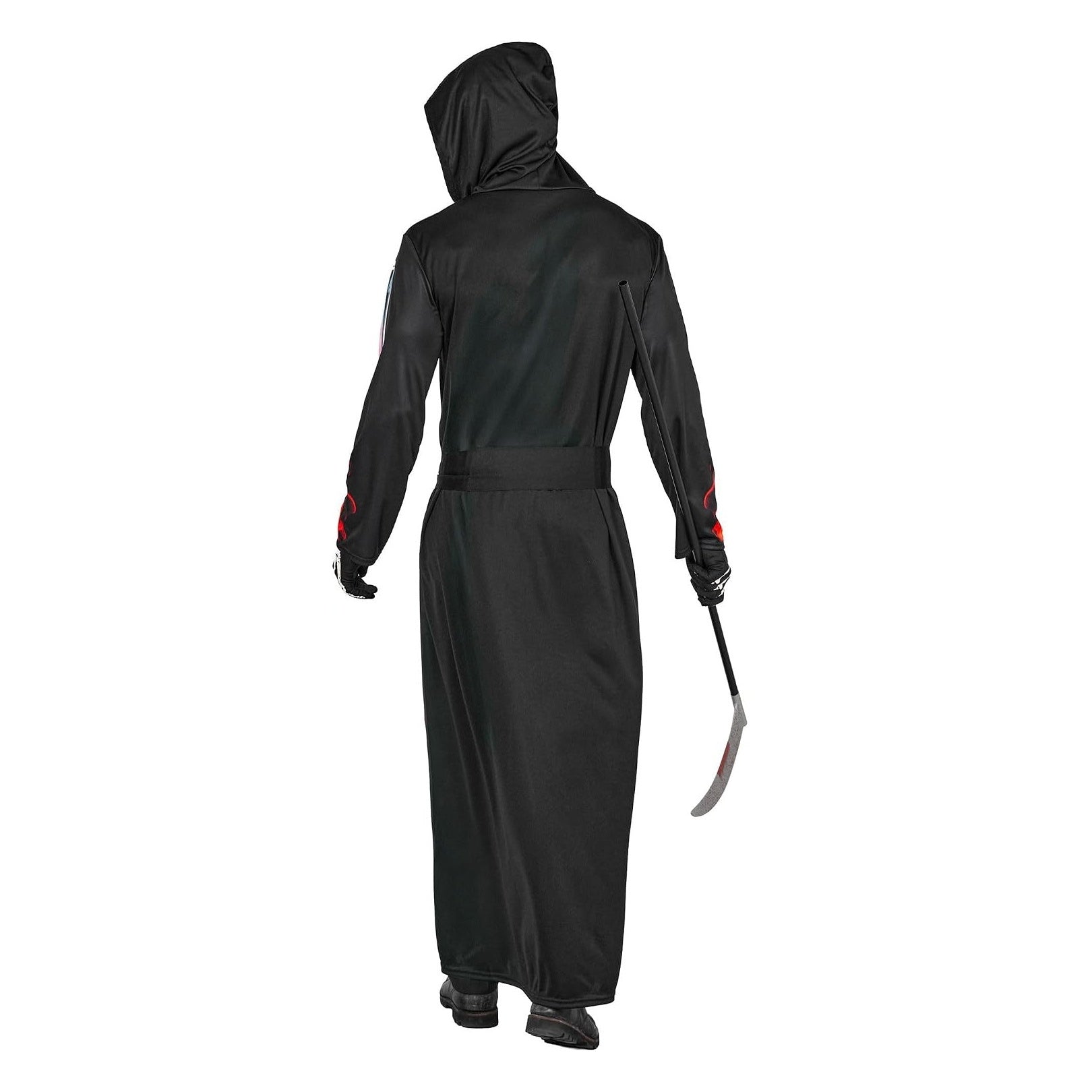 Black hooded skeleton robe with scythe, worn by person, rear view | Chaps London