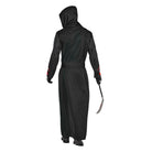 Black hooded skeleton robe with scythe, worn by person, rear view | Chaps London