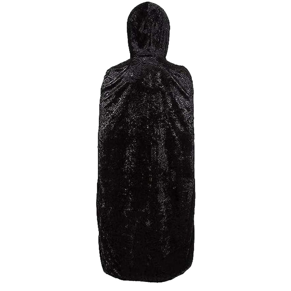 Black hooded cape with textured pattern, displayed on mannequin from behind | Chaps London