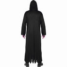 Black hooded robe costume worn by man, rear view, jagged hem | Chaps London