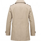 Beige trench coat back view with epaulettes, shown on mannequin | Chaps London