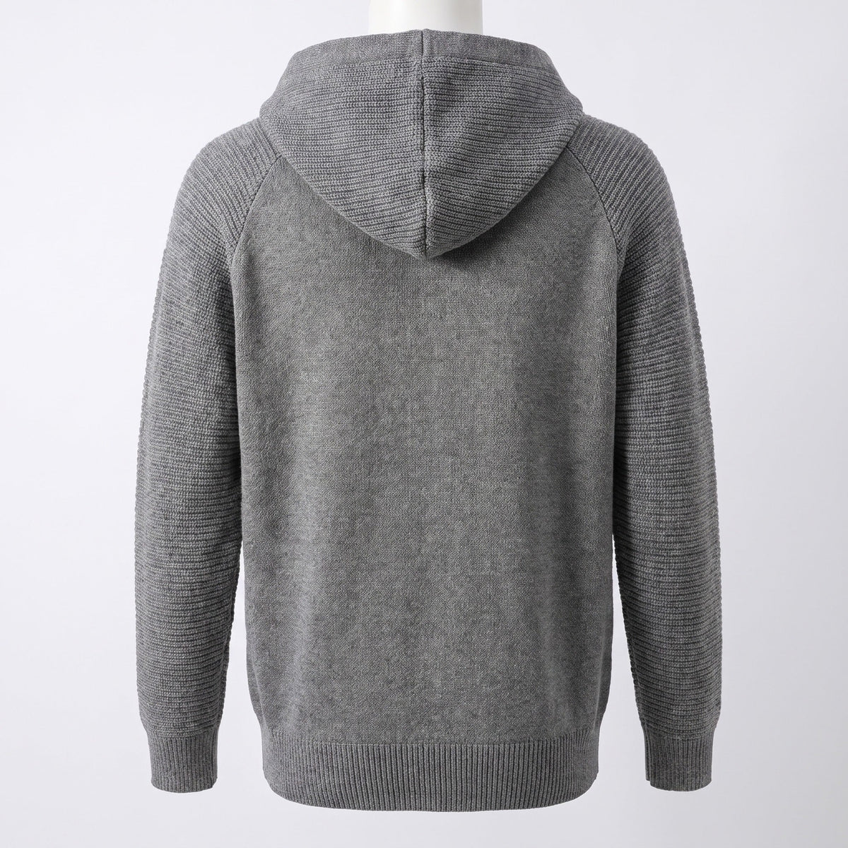 Gray knit hooded sweater, back view, worn by person, ribbed sleeves | Chaps London