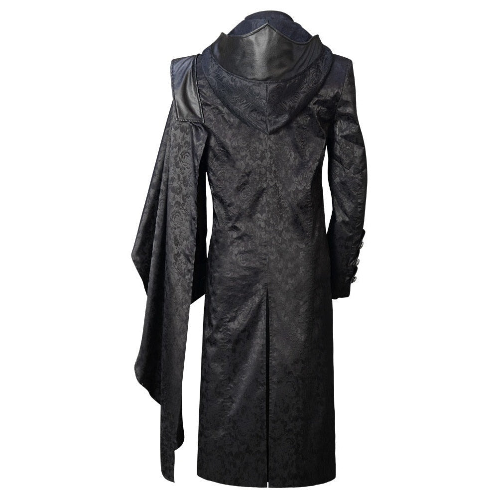 Black jacquard hooded coat with shoulder cape, back view on mannequin | Chaps London