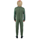 Green jumpsuit with tan mask, worn by person, back view shown | Chaps London