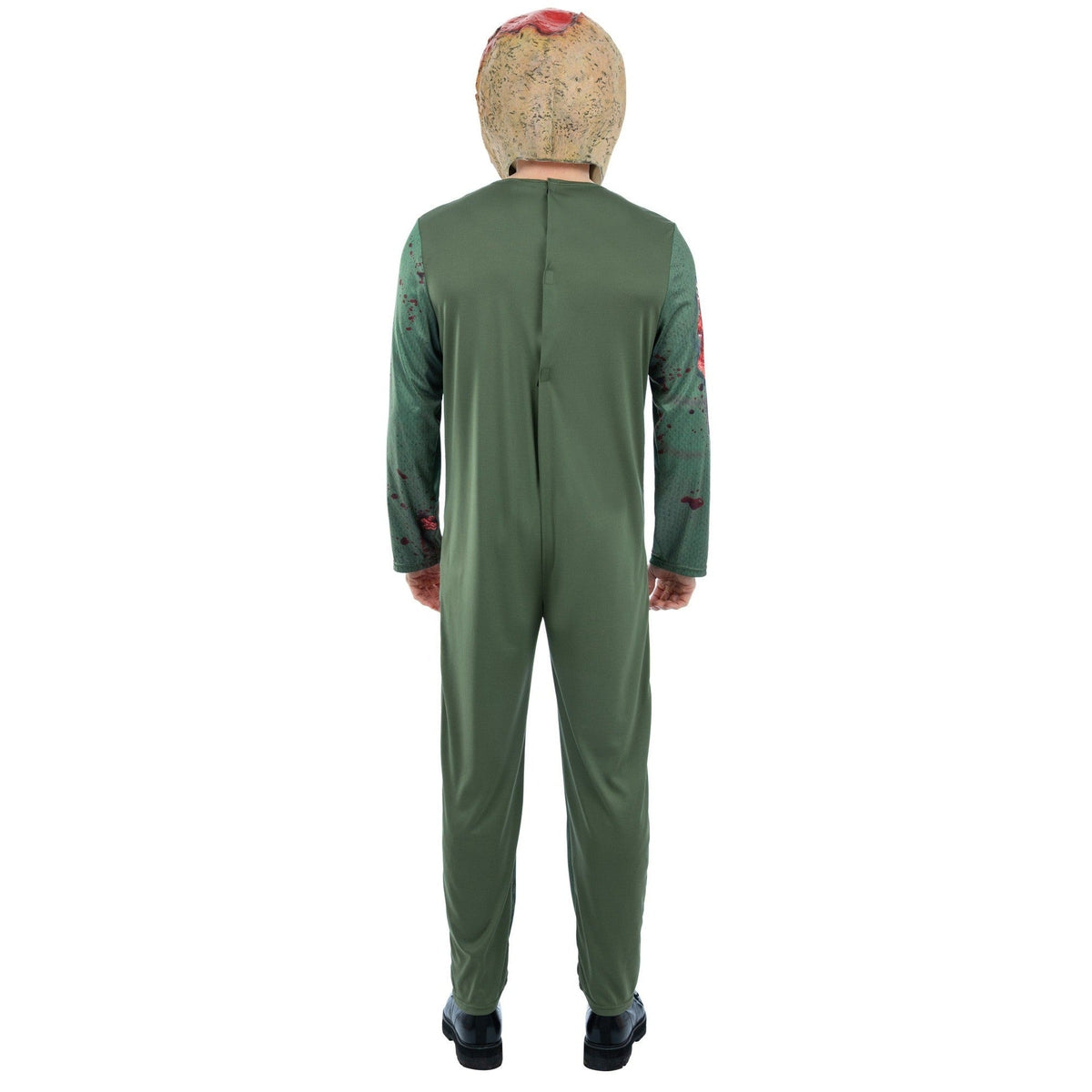 Green jumpsuit with tan mask, worn by person, back view shown | Chaps London