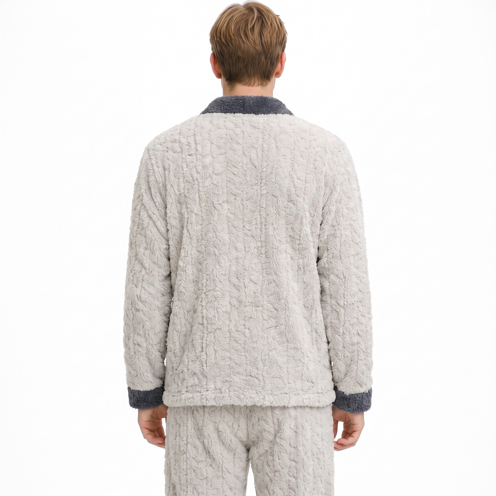 Man wearing textured gray fleece pajama set, back view, standing | Chaps London