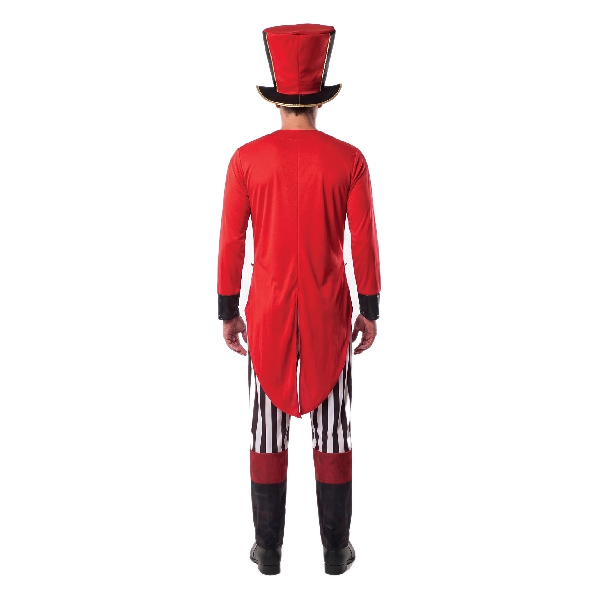Red ringmaster costume with striped pants and top hat, worn by man, back view | Chaps London